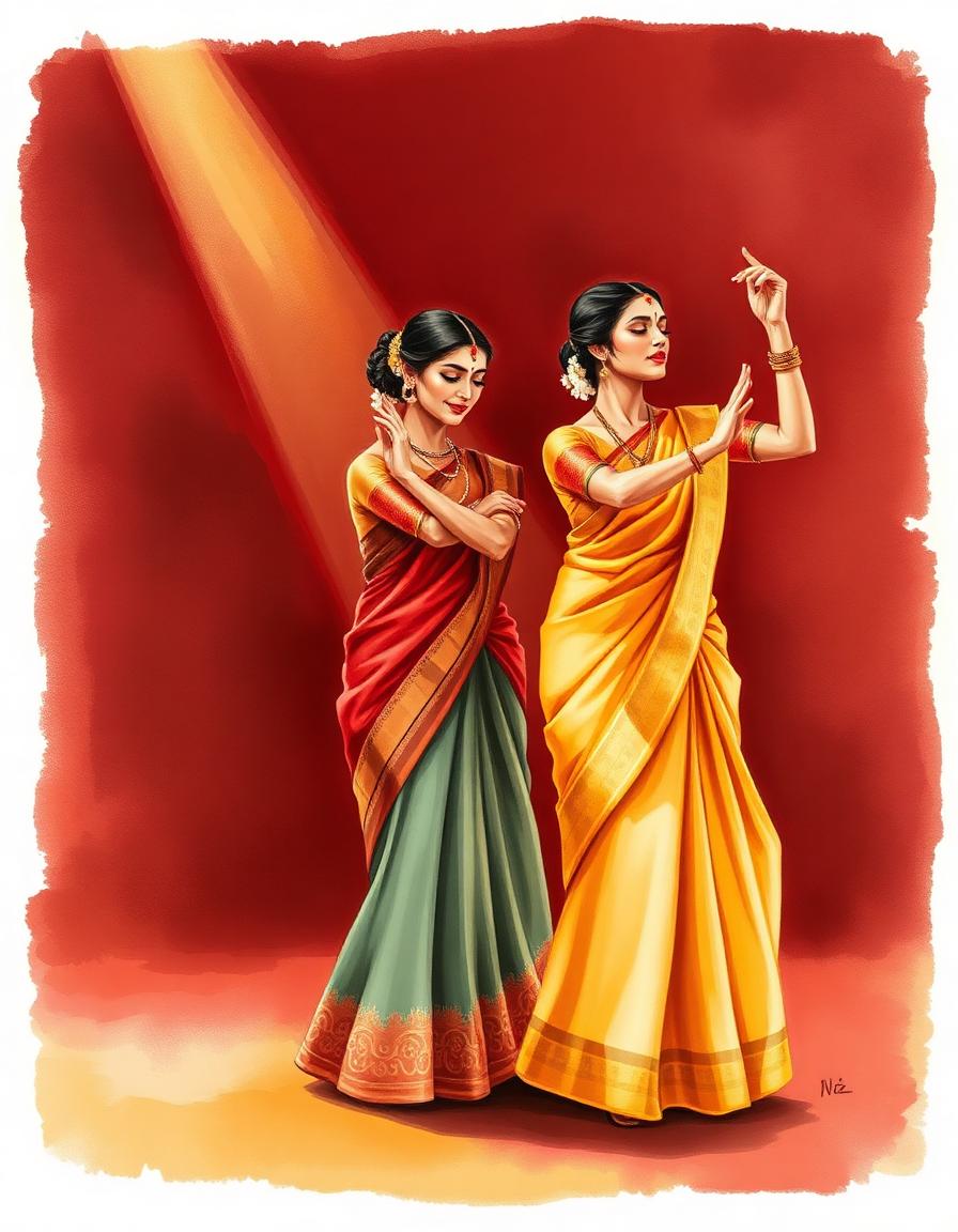 Two Telugu dancers in silk sarees