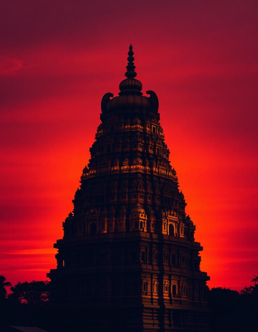 South Indian temple gopuram at dusk